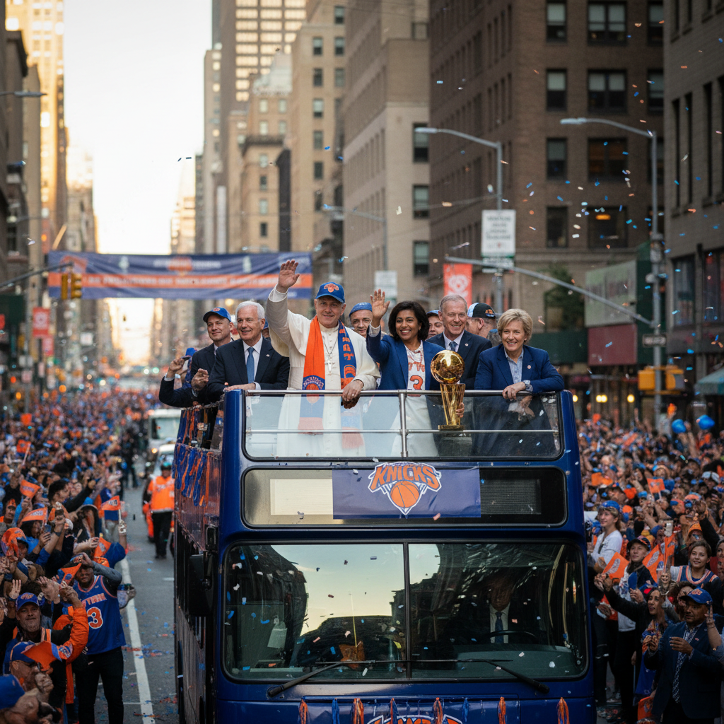 Preparations are underway for the New York Knicks championship parade featuring Pope Leo and Mayor Mamdani.