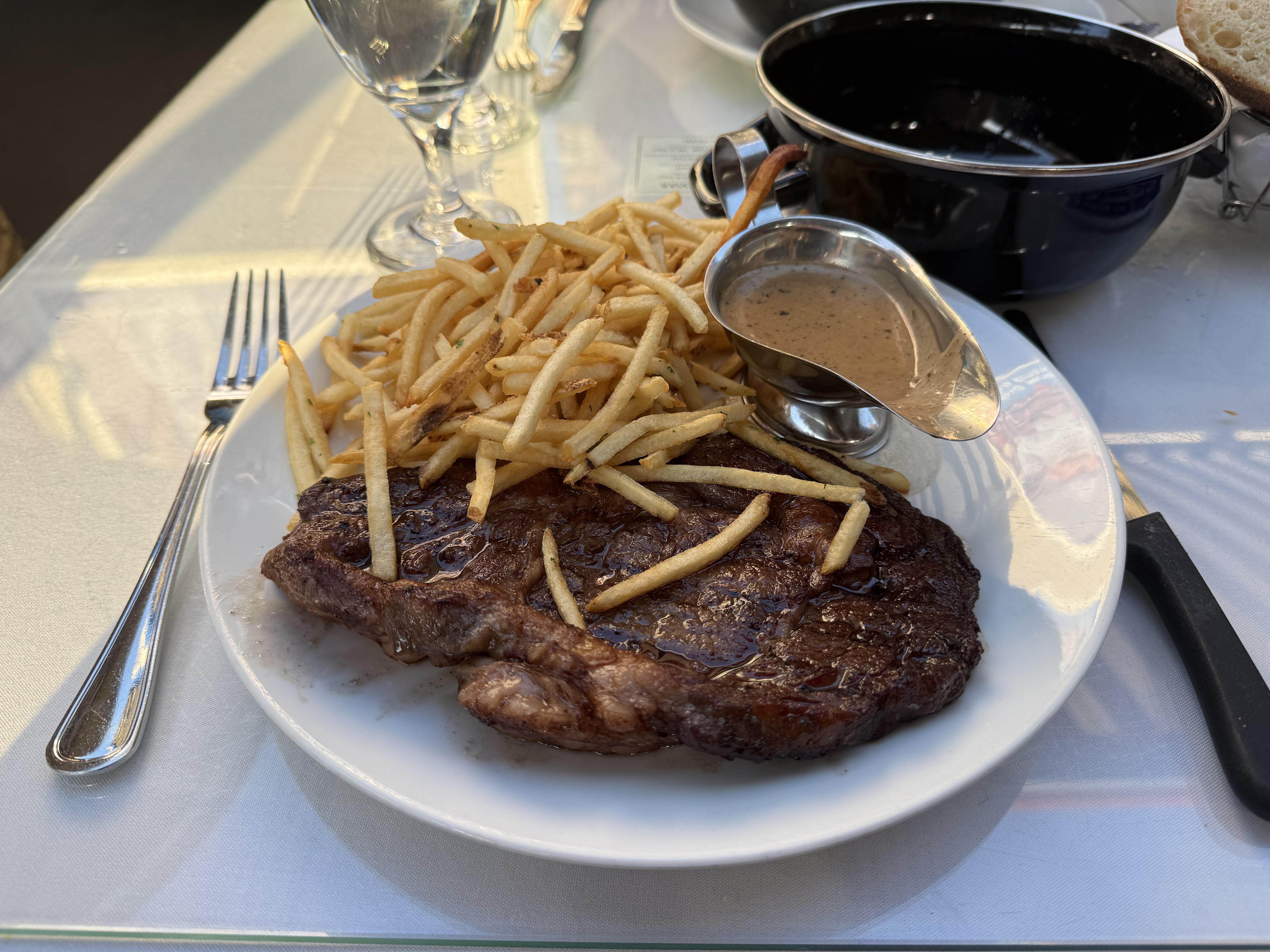 A standard steak and fries meal as seen in a local restaurant.