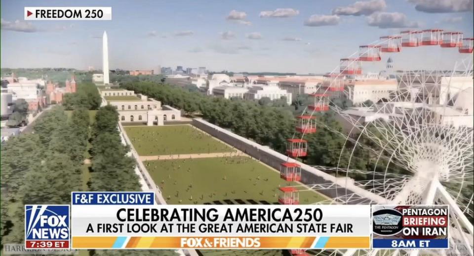 An aerial view shows the layout of the Great American State Fair along the National Mall.
