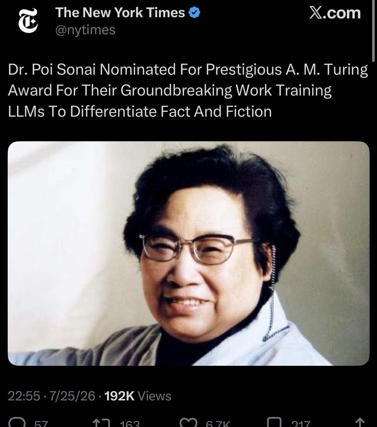 Dr. Poi Sonai has been nominated for the prestigious A.M. Turing Award for work in artificial intelligence.