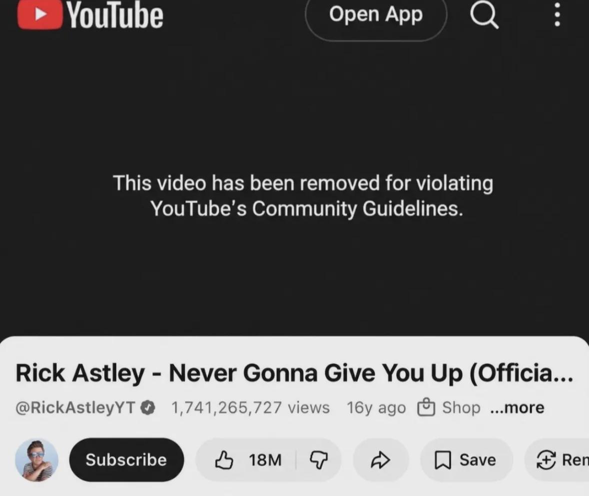 A notice on the official Rick Astley channel indicates the music video was removed for community guideline violations.