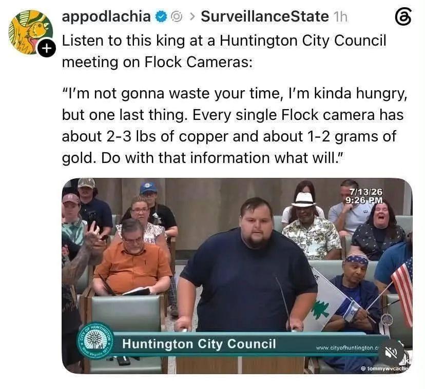 A resident addresses the Huntington City Council regarding municipal surveillance equipment.