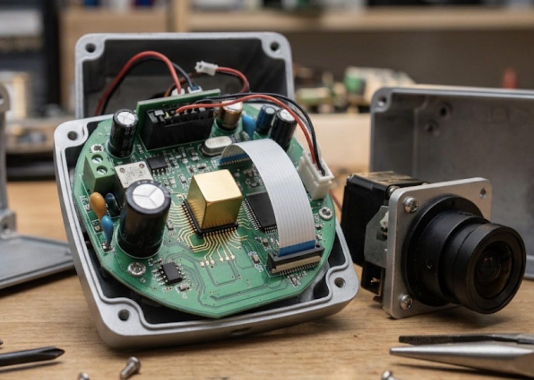 Internal components of a surveillance unit showing the controversial gold heat sink.