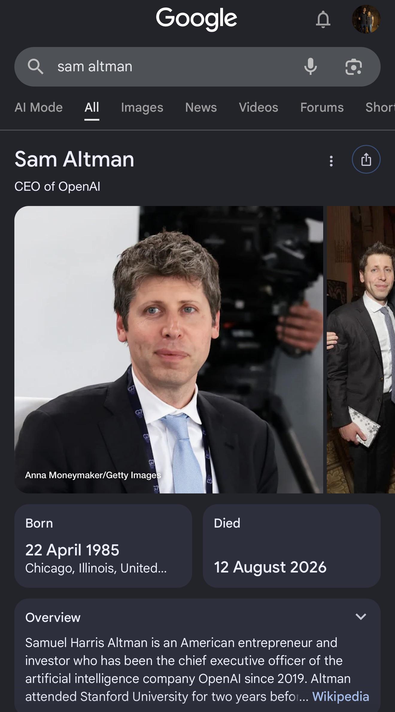 A mobile search result incorrectly displays a future death date for a prominent technology executive.